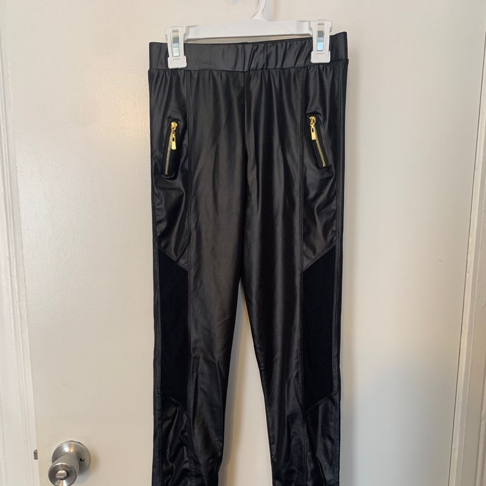 Black pleather pants with mesh detailing